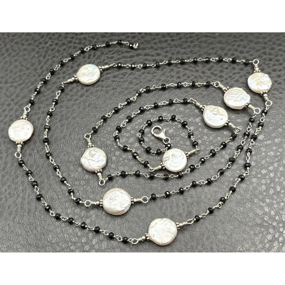 Vtg Coin Pearl Sterling Silver 925 Black Bead Necklace Opera Flapper Length 40